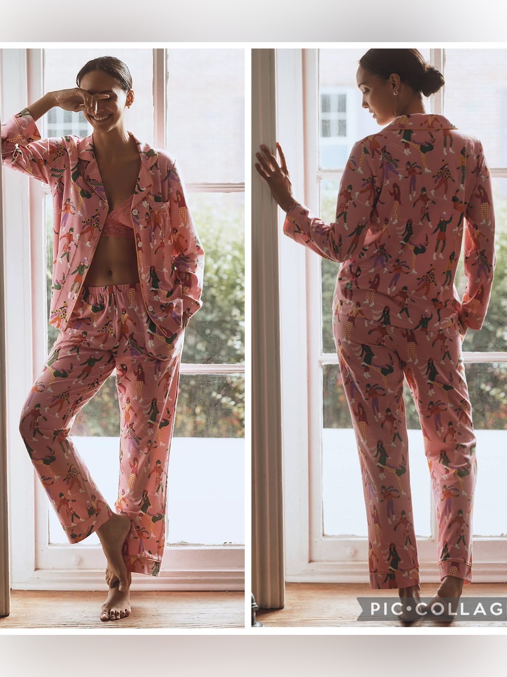 Anthropologie BedHead Winter Skaters Pink Multi Pajamas Size XL